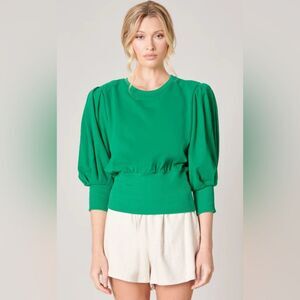 SUGAR+LIPS S Deanna Lantern Sleeve French Terry Top Green Padded Shoulder Cotton